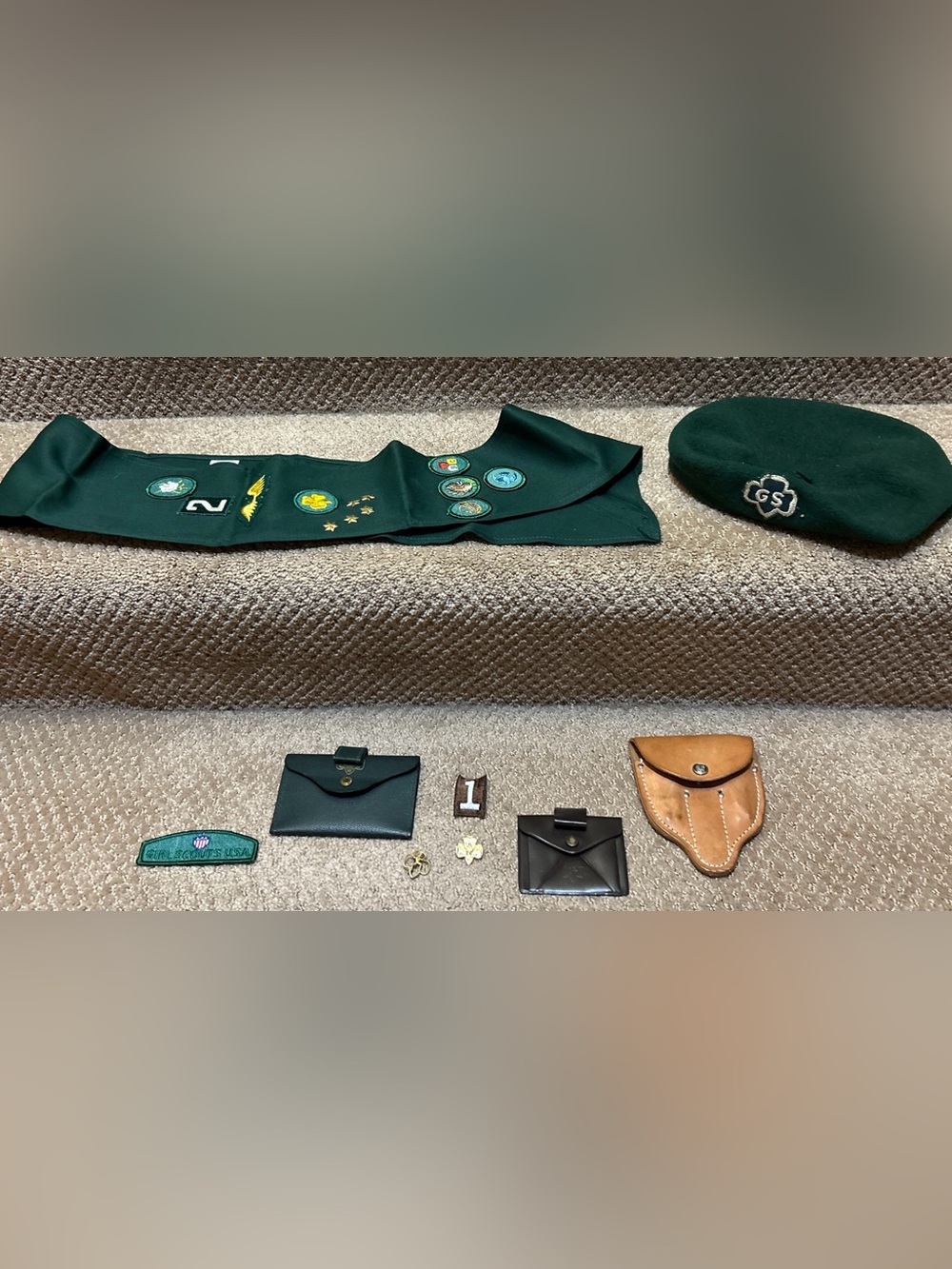 HUGE LOT VINTAGE Boy Girl Scout Items Sash Patches Leather Mess Kit Pins Beret